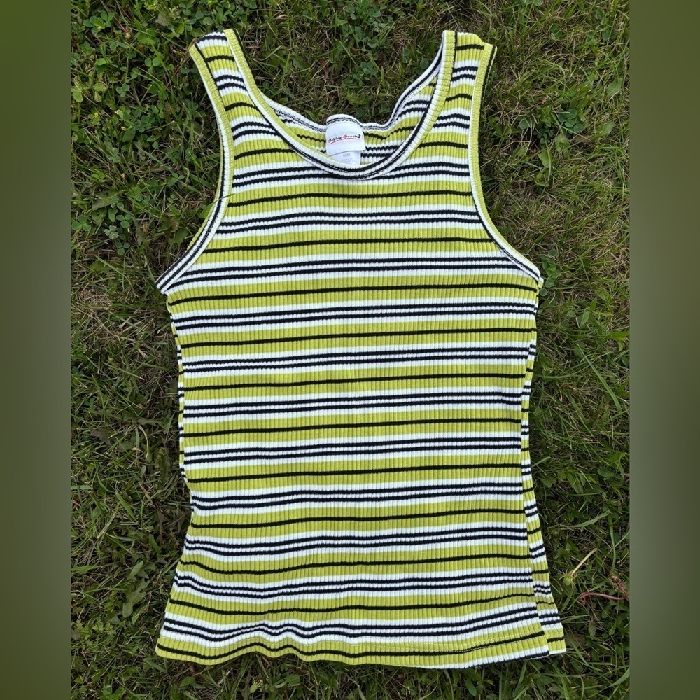 Bobbie Brooks Ribbed Stretch Tank Top Sz M Lime Green Black White Stripe Y2K USA
